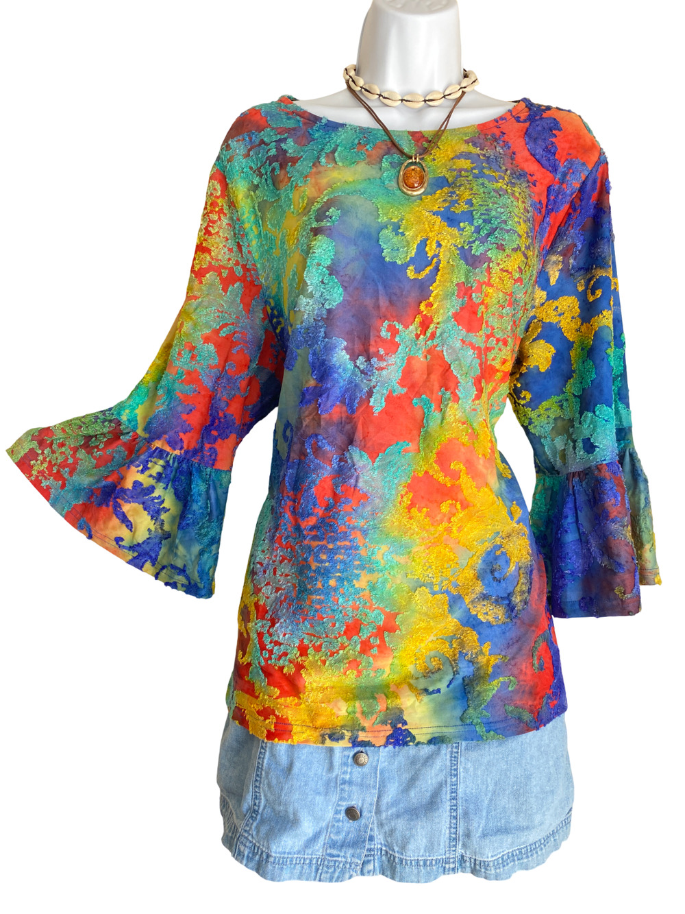 VTG Caleooa L Boho Artsy Velvet Burnout Festival Fairy Tunic Blouse Bell Sleeves